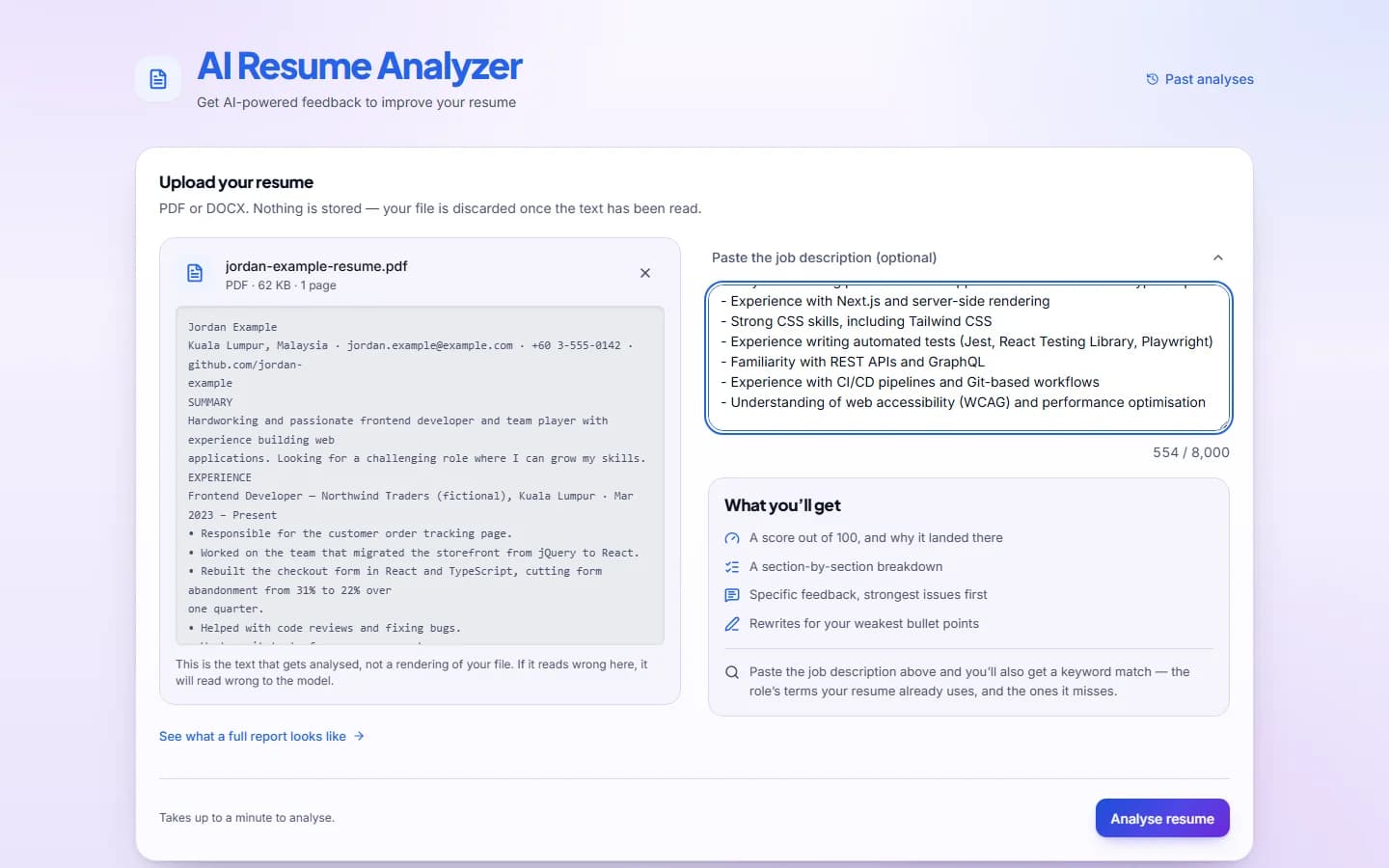 Uploaded fictional resume 'jordan-example-resume.pdf' with its extracted plain text shown in a grey monospace panel, beside a pasted job description.