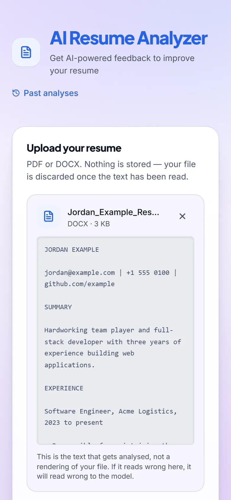 Phone-width upload card with a fictional DOCX selected, its name cut short to 'Jordan_Example_Res…' inside the card, above a grey preview of the extracted text: the name Jordan Example, an example.com email, a 555 phone number and a one-line summary.