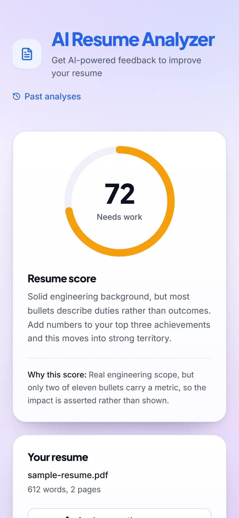 Phone-width results page for the built-in sample report: the score gauge reading 72 out of 100, labelled 'Needs work', with the summary underneath. All data is fictional.
