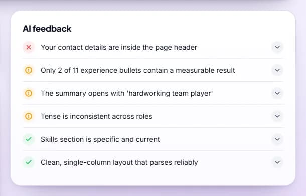 AI feedback card with six collapsible items: one red cross for contact details in the page header, three amber warnings, and two green ticks.