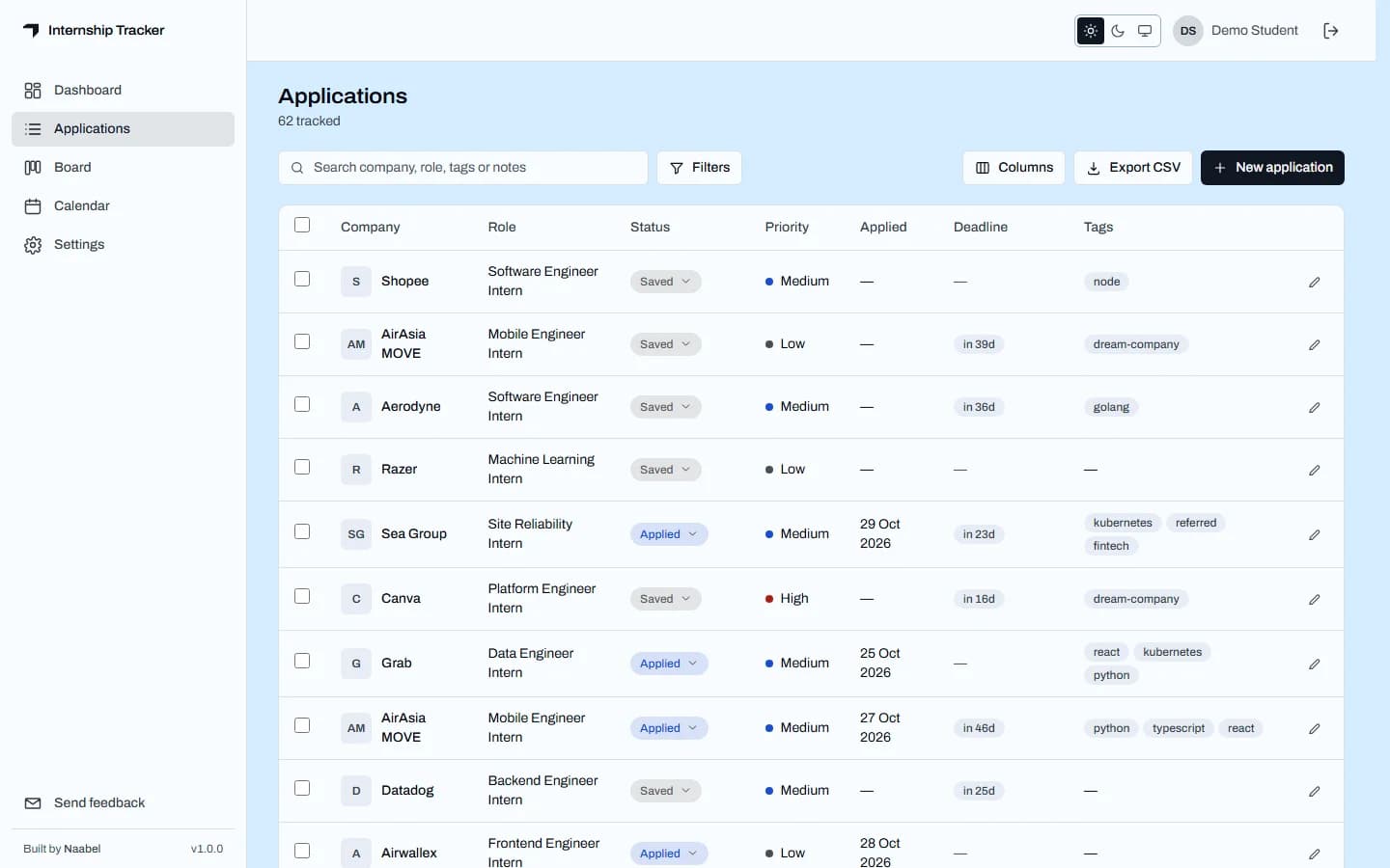 Applications table with a search field, Filters, Columns, Export CSV and New application buttons, listing internships at Shopee, AirAsia MOVE, Grab and others with their status, priority, applied date, deadline and tags.