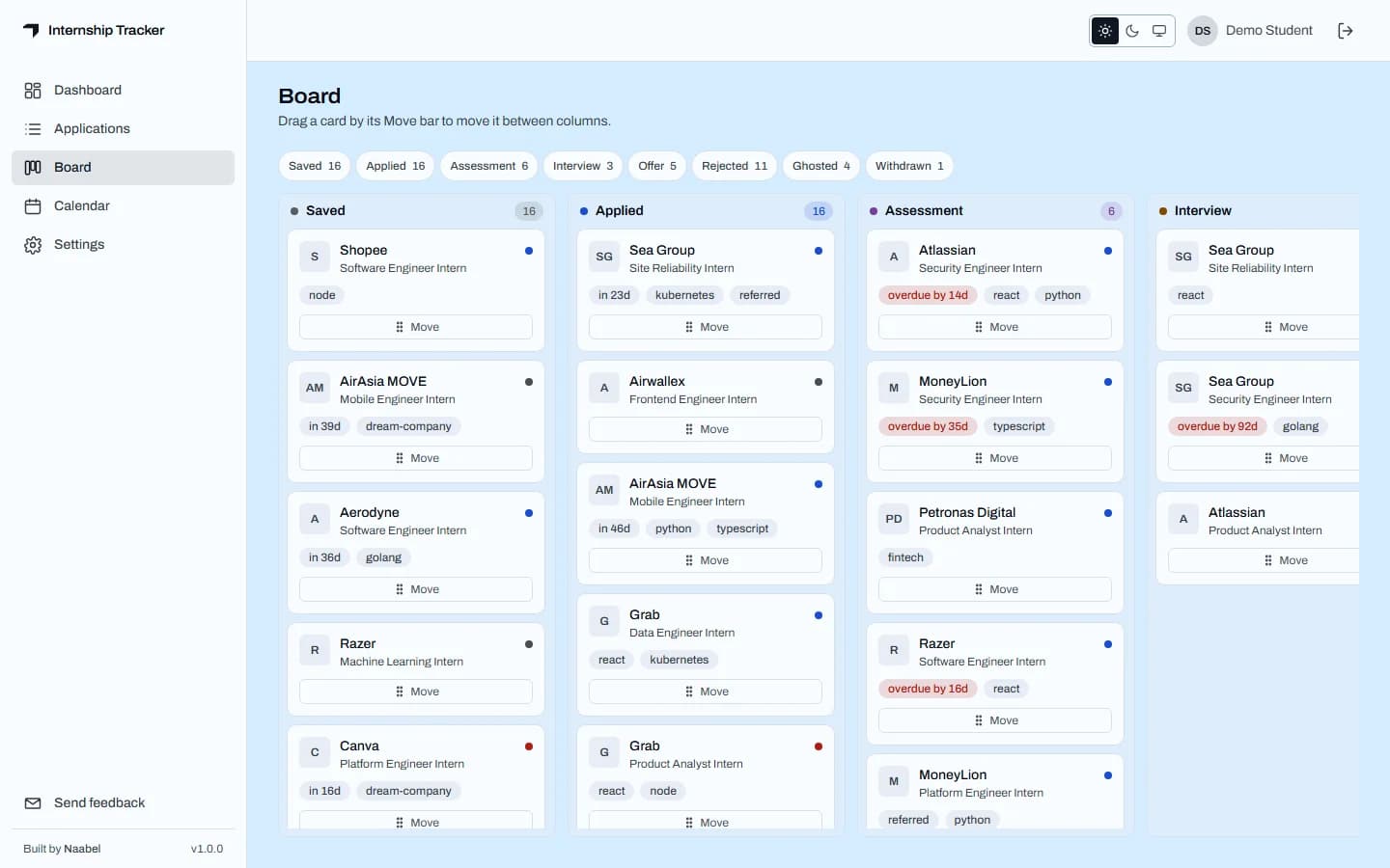 Board with Saved, Applied, Assessment and Interview columns and their counts, each holding cards with company, role, a due or overdue chip, tags and a Move bar.