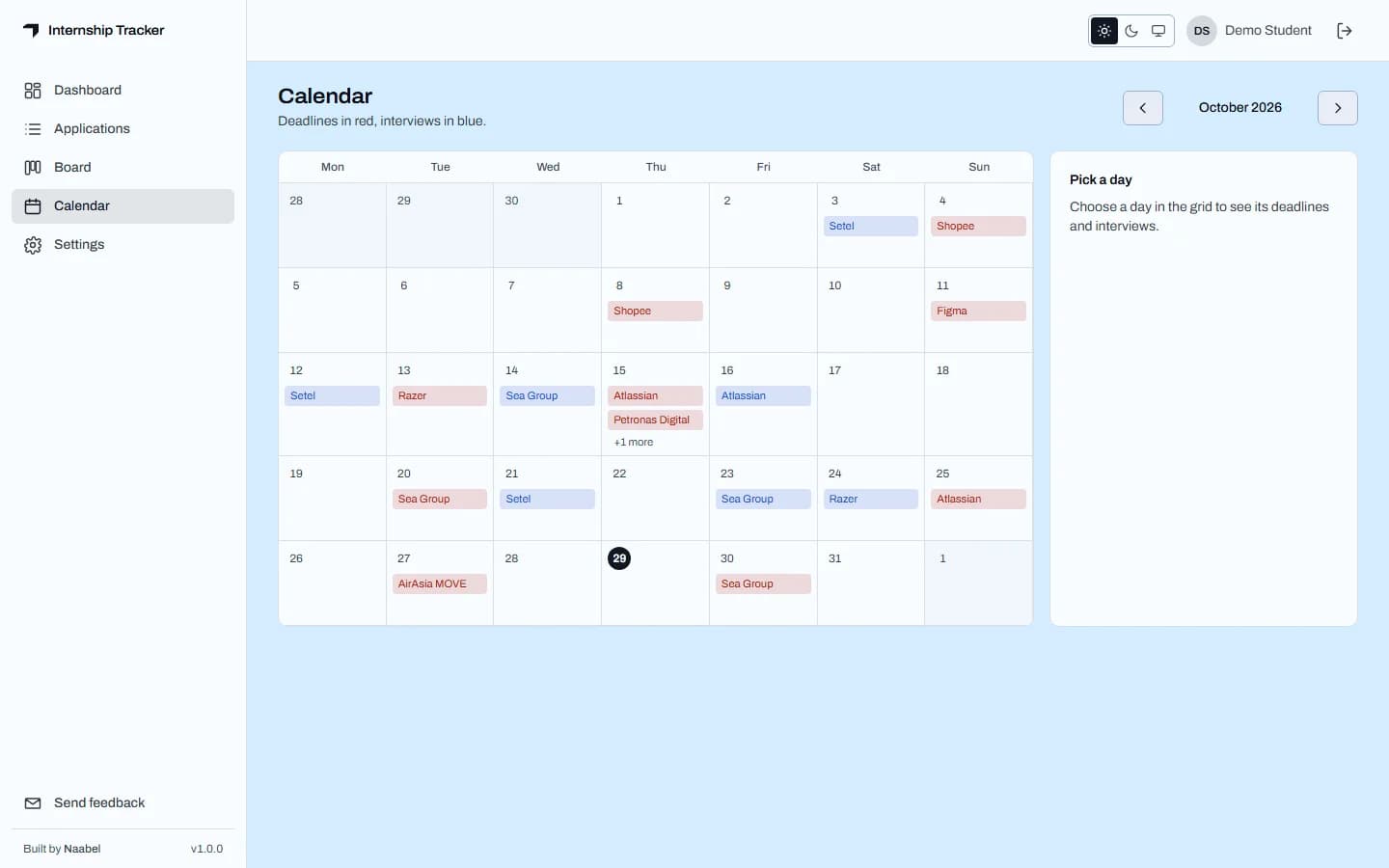 October 2026 month grid with red deadline chips and blue interview chips for companies such as Shopee, Atlassian and Sea Group, today's date circled, and a 'Pick a day' panel beside it.